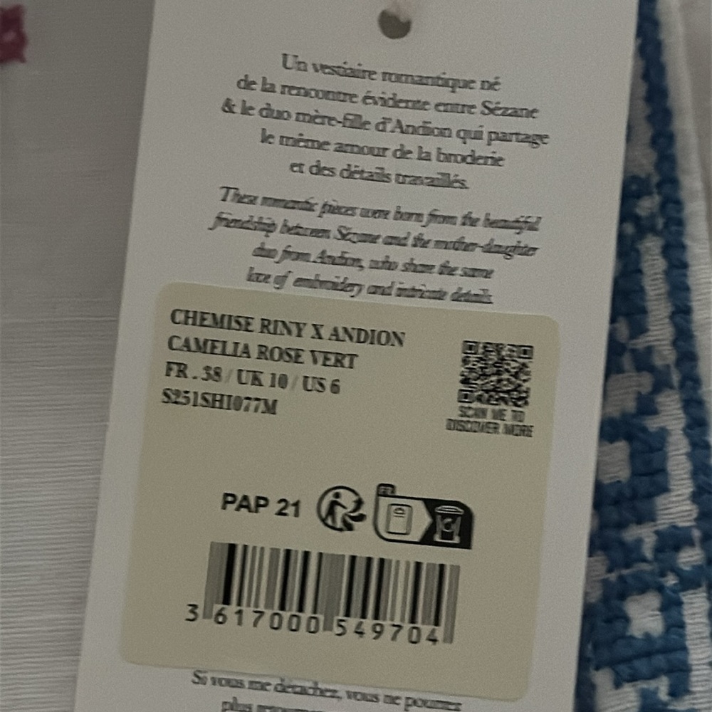 Sézane x Andion embroidered riny button down top blouse sz US 6 - Picture 7 of 7